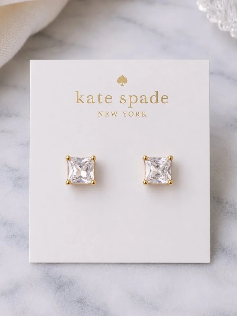 Kate Spade Princess Cut Crystal Stud Earrings Gold Tone Classic Earrings